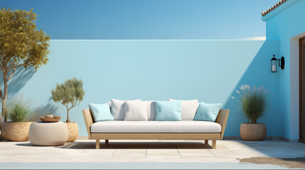 Obraz premium pool backyard with a light blue wall with a modern sofa 