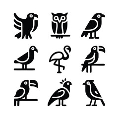 A set of nine icon illustration of a unique bird concept. eagle, owl, crow, pigeon, flamingo, macaw, toucan, peacock, canary. Set collection of animals Icons. Simple line art style icons pack