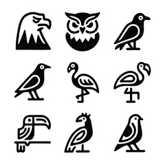 A set of nine icon illustration of a unique bird concept. eagle, owl, crow, pigeon, flamingo, macaw, toucan, peacock, canary. Set collection of animals Icons. Simple line art style icons pack