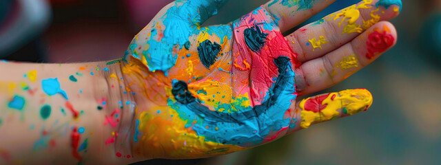 a child painted a smile on his hand