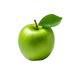 A portion of a green apple along with its green leaves is seen alone on a transparent background. 