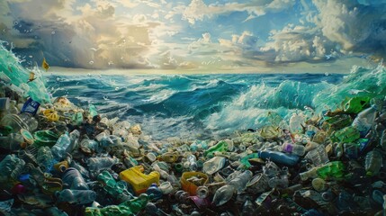 Fototapeta na wymiar Polluted ocean. Garbage and waste. Animals suffer from pollution. Ecological disaster concept. AI-generated.
