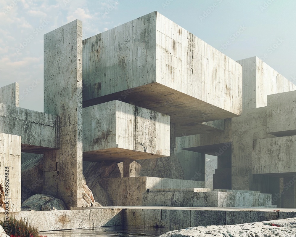 Poster minimalist brutalist structure with a water feature emphasizing the contrast of strength and fluidit