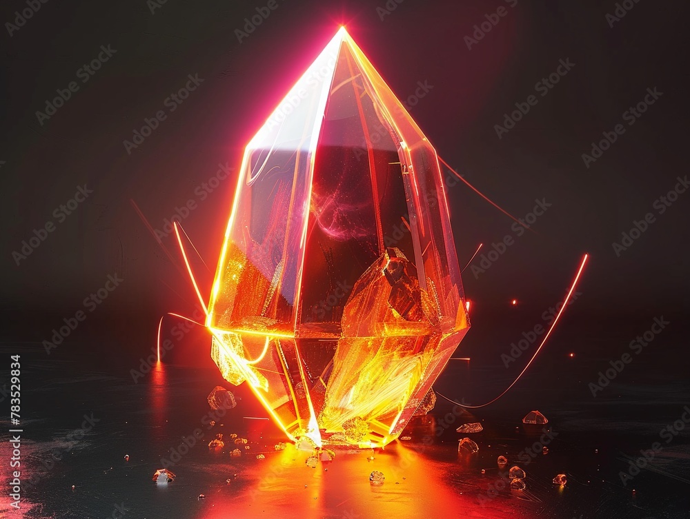 Poster luminous red crystal with golden glow emanating from within on a dark reflective surface.