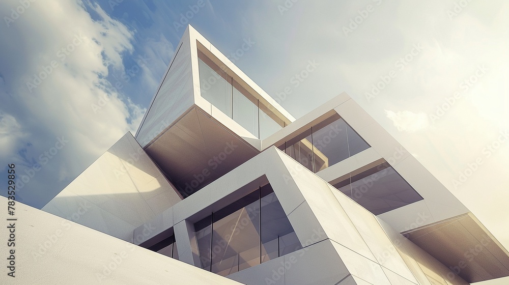Poster modern minimalist white architecture with sharp angles and clean sky in the background.