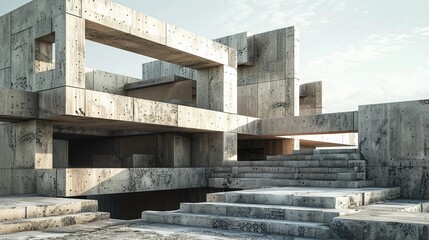 Fototapeta premium Concrete brutalist structure amidst nature with a complex play of light and shadow.