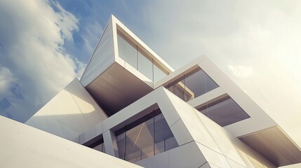 Modern minimalist white architecture with sharp angles and clean sky in the background.