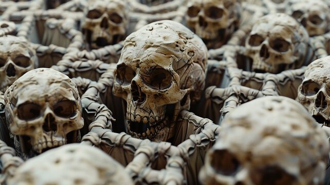 Heap of human skulls and bones with dark background symbolizing danger and horror.