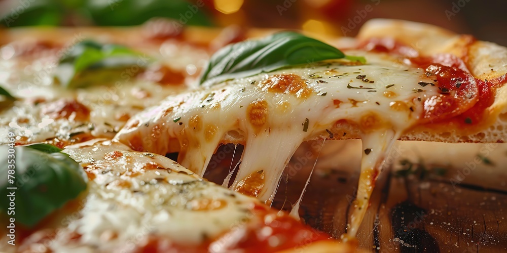 Sticker Italian pizza slice, melting mozzarella, close shot, basil leaf, rustic wood, evening light