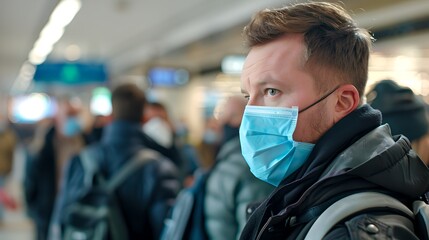 Modern life in a pandemic era: Man wearing mask at a busy station. Public health safety depicted in candid photography. Urban commuting during Covid-19. AI - obrazy, fototapety, plakaty