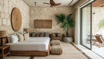 Luxurious hotel interior design, with limestone and concrete accents, created with AI