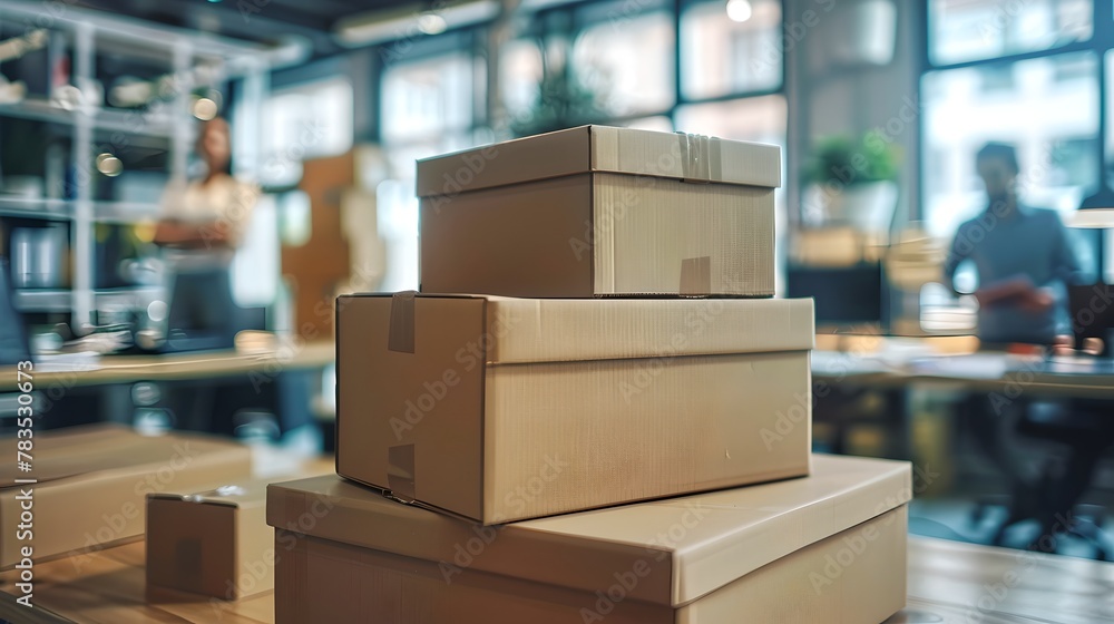 Poster stack of brown cardboard boxes on table in modern office space. close-up of packaging in start-up en