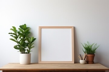 Picture frame on wooden shelf. Generative AI