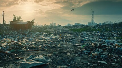 Fototapeta premium Polluted world. Garbage and waste. Animals suffer from pollution. Ecological disaster concept. AI-generated.