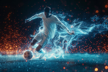 Fototapeta na wymiar Man Kicking Soccer Ball on Field. Generative AI