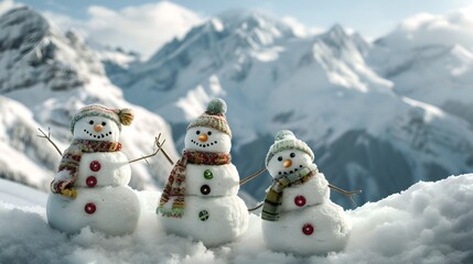 Obraz premium Three cheerful snowmen standing in the snow with a mountain backdrop. Winter season joy captured in daylight. Perfect for festive designs. AI
