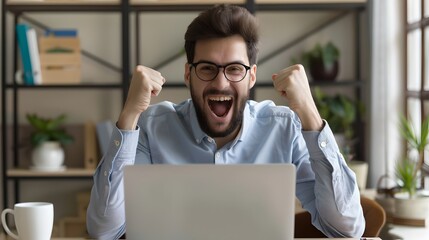 Excited man celebrating success at desk with a laptop. Joyful expression, home office setting. Personal triumph, emotion capture. Conceptual for achievement and happiness. AI