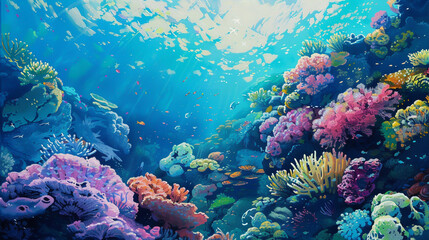 Capture the vibrant colors of a coral reef teeming with life beneath the surface of a turquoise sea.