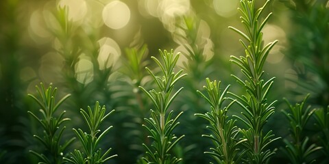 Fototapeta na wymiar Rosemary sprigs, close-up, focus on needle-like leaves, soft natural light, detailed texture 