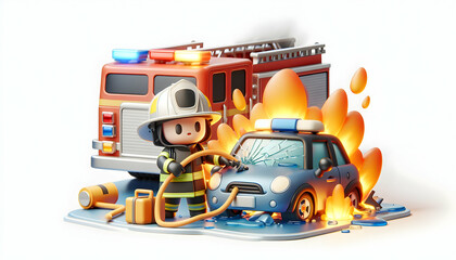 3D Firefighter at Car Accident in Candid Daily Routine Work Environment - Isolated White Background