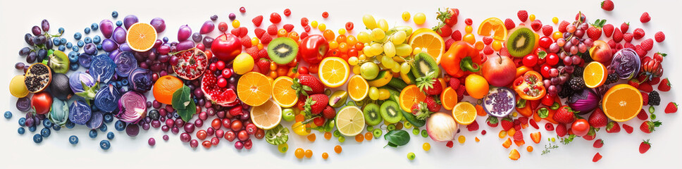 A vibrant rainbow gradient of fruits and vegetables, transitioning from green to red, isolated on a white background, representing health and diversity in diet.
