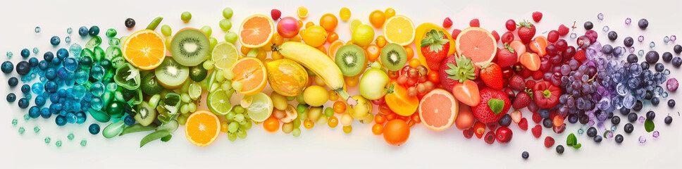 A vibrant rainbow gradient of fruits and vegetables, transitioning from green to red, isolated on a white background, representing health and diversity in diet.
