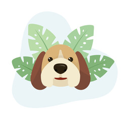 Dog flat vector Illustration Icon decorated with leaves for web use for puppy, canine, animal, pet, dog daycare.