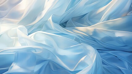 The abstract picture of the wavy blue fabric satin flexible clean cloth of the curtain that waving around under the light in the blank background of the bright room in the daytime of the day. AIGX01. - obrazy, fototapety, plakaty