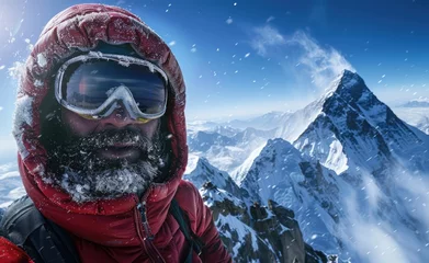 Crédence de cuisine en verre imprimé Everest Self photograph of an explorer on the top mountain with Mount Everest in the background, wearing ski goggles and a red jacket