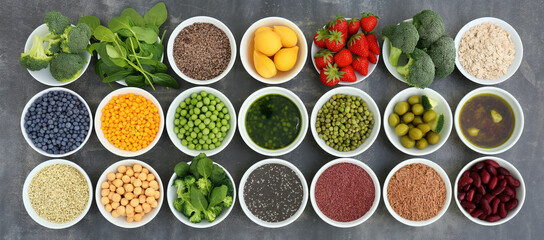 An array of healthy foods including fruits, legumes, grains, and vegetables laid out in a flat lay style on a grey surface, symbolizing a balanced diet.
