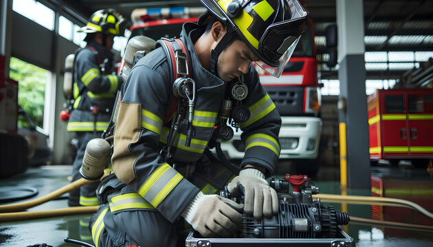 Authentic image of a firefighter conducting equipment maintenance in a candid, daily work environment, showcasing the routine of the firefighting profession