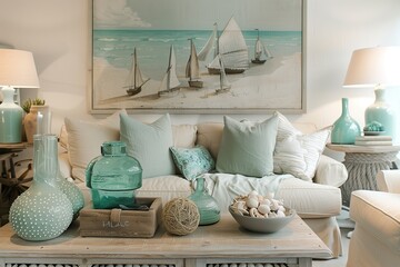 A coastal-inspired living room with sandy hues, nautical decor, and seafoam accents.
