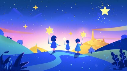 Obraz na płótnie Canvas A playful, magical landscape where every child has a magic wand, creating stars and familyfriendly wonders