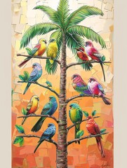 A colorful display of various exotic birds perched on branches with vibrant plumage and intricate patterns .--sref https://cdn.midjourney.com/46829b88-51b3-4de5-87f6-567e18bb6dcd/0_3.webp