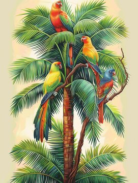 A colorful display of various exotic birds perched on branches with vibrant plumage and intricate patterns .--sref https://cdn.midjourney.com/46829b88-51b3-4de5-87f6-567e18bb6dcd/0_3.webp