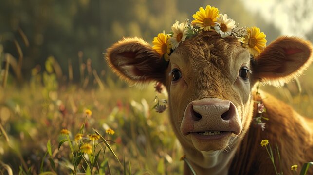 A cow with a big, goofy grin and a flower crown on its head  ,super realistic,soft shadown