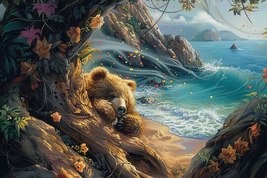 A cozy bear cub nestled in a hollow tree with wisps of smoke curling into heart shapes ,--sref https://cdn.midjourney.com/675d8082-d9e9-42d5-a681-dae848c389a3/0_1.webp