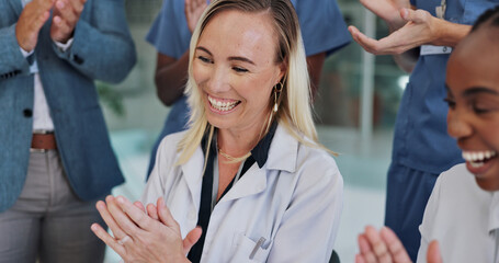 Doctor, woman and clapping for teamwork, celebration and success or news of clinical trial results...