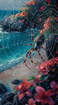 Spider with headphones, spinning beats on a web ,--sref https://cdn.midjourney.com/675d8082-d9e9-42d5-a681-dae848c389a3/0_1.webp