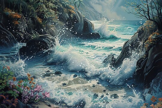 waterfall, blending into a beautiful, organic liquid splash design ,--sref https://cdn.midjourney.com/675d8082-d9e9-42d5-a681-dae848c389a3/0_1.webp