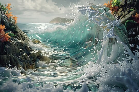 waterfall, blending into a beautiful, organic liquid splash design ,--sref https://cdn.midjourney.com/675d8082-d9e9-42d5-a681-dae848c389a3/0_1.webp