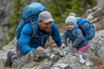 Naklejka na ściany i meble Joyful lifestyle of father and little daughter enjoying hiking, Joyful hiking duo, a young child and male in vivid blue, navigate rocky terrain together, showcasing adventure and guidance.