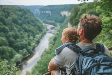 Joyful lifestyle of father and little daughter enjoying hiking, Male hiker in casual attire holds child, both overlooking a meandering river from a verdant vantage point, reflecting tranquility. - Powered by Adobe