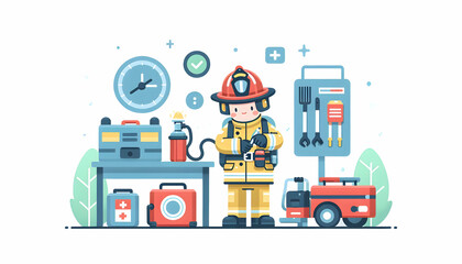 Simple flat vector illustration of a firefighter maintaining equipment in a candid daily work environment with isolated white background