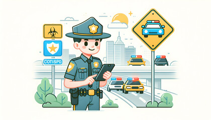 Highway Patrol Officer Monitoring Traffic and Enforcing Laws - Flat Vector Illustration in Candid Daily Work Environment