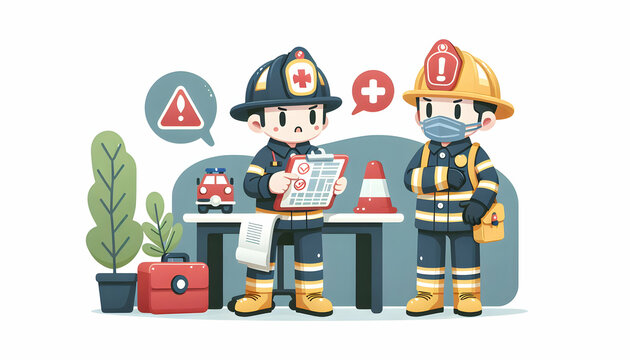 Flat vector illustration of a firefighter reviewing emergency plans in a candid daily environment, depicting the routine of work, isolated on a white background