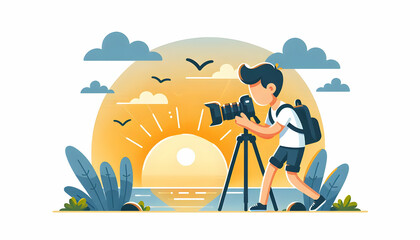 Photographer Capturing Sunrise: Vector Illustration of Candid Daily Work Routine with Camera on Tripod