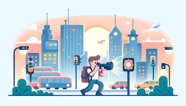 Simple flat vector illustration of a photographer capturing sunrise with camera on tripod in candid daily work environment and routine - isolated on white background