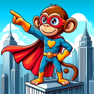 A superhero monkey, monkey, superhero, flaying, cartoon, illustration,Ai generated 