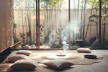 A serene meditation area with floor cushions, incense, and a Zen garden.